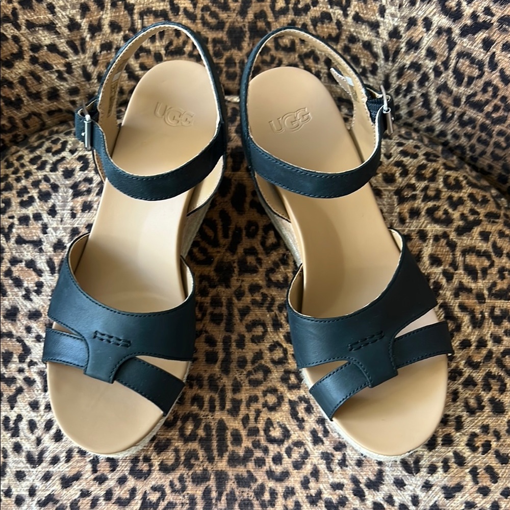 UGG Coverdale Espadrille Wedge Sandal - EUC - Black Leather, Size 8